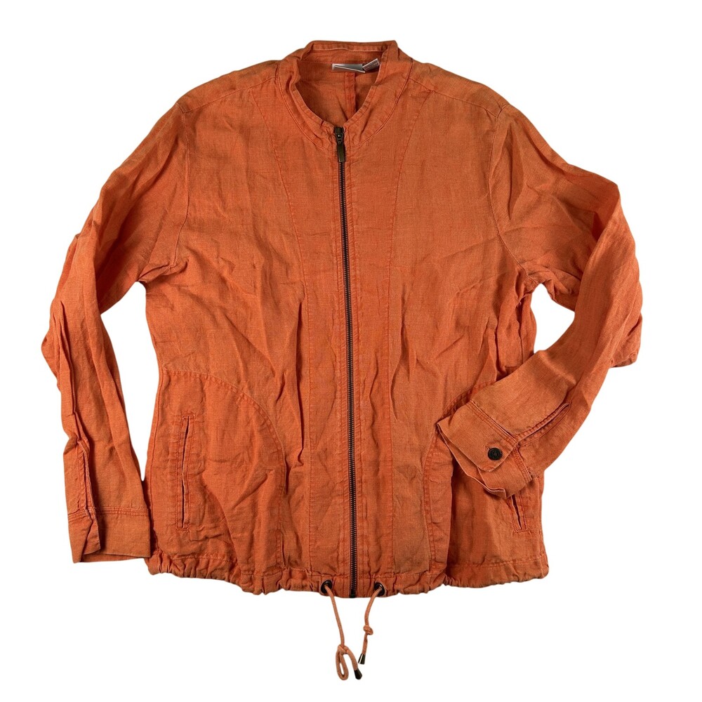 Chico's Jacket Womens 2 Orange 100% Linen Full Zip Drawstring Hem Lightweight